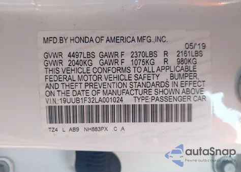 2020 Acura Tlx Standard из США, поврежденный, VIN 19UUB1F32LA001024